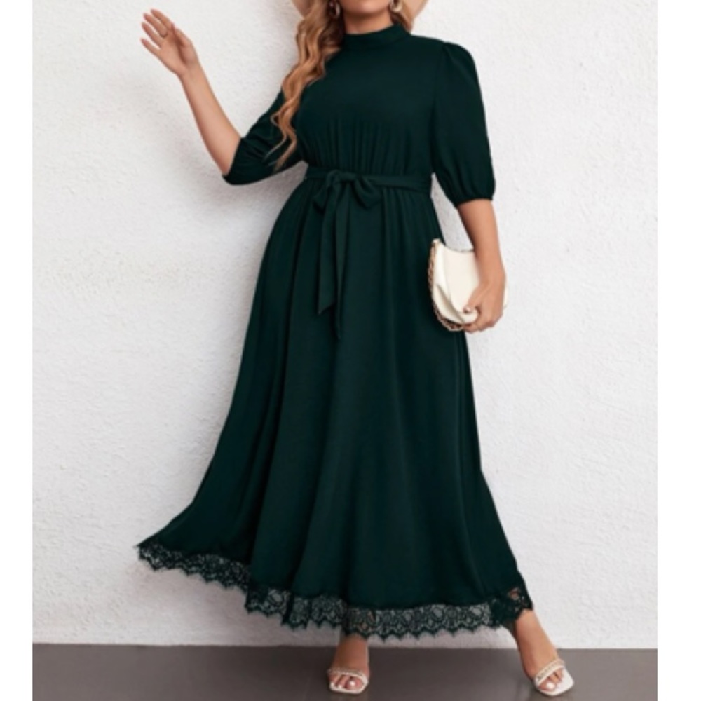 Plus size lace trim belted maxi dress